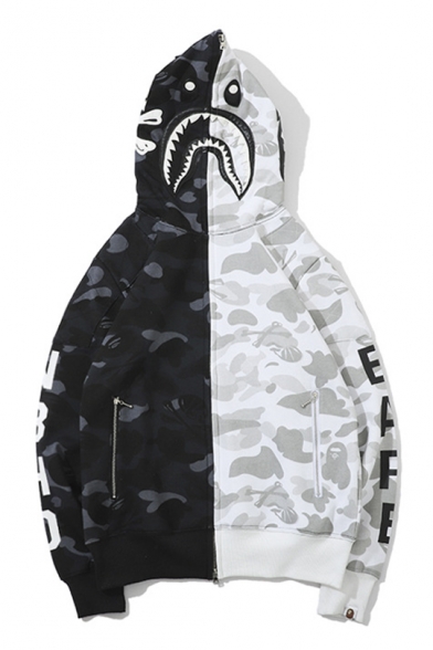Mens Skull Camouflage Pattern Black and White Color Block Zip Up Hoodie with Zipper Pockets