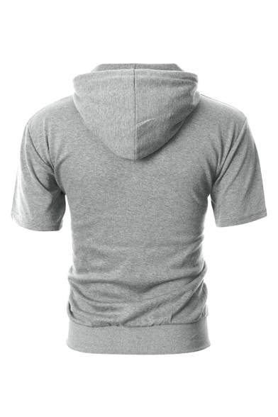 Mens Sportive Short Sleeve Drawstring Hood Plain Zipper Hoodie