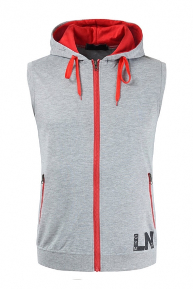 New Arrival Gray LN Letter Printed Red Zipper Gilet Waistcoat Hoodie with Pocket