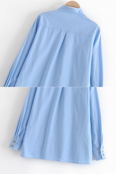Simple Lapel Collar Single Breasted Asymmetric Hem Plain Linen Loose Shirt for Women