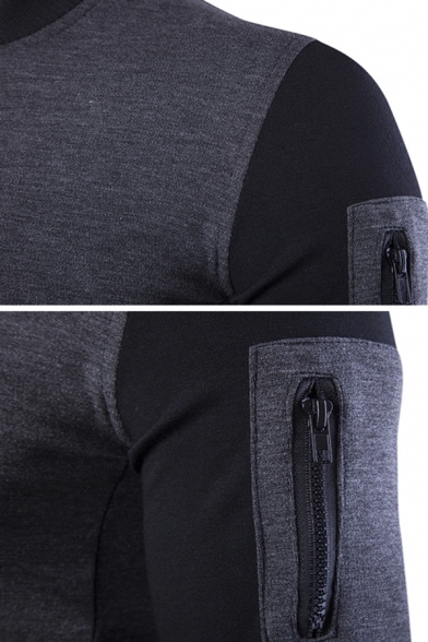 Slimming Contrast Color Splicing Long Sleeves Zipper Pocket Embellished Zip Up Sweatshirt