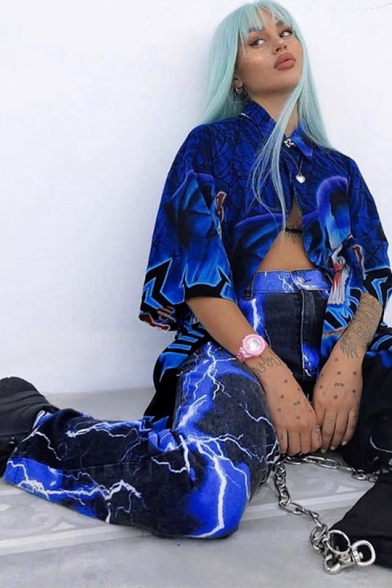 lightning print straight leg jeans
