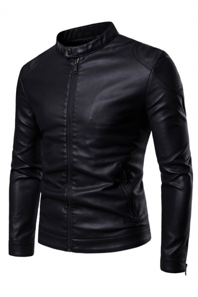 Black Stand Collar Zipper Embellished Long Sleeve PU Leather Casual Jacket Coat