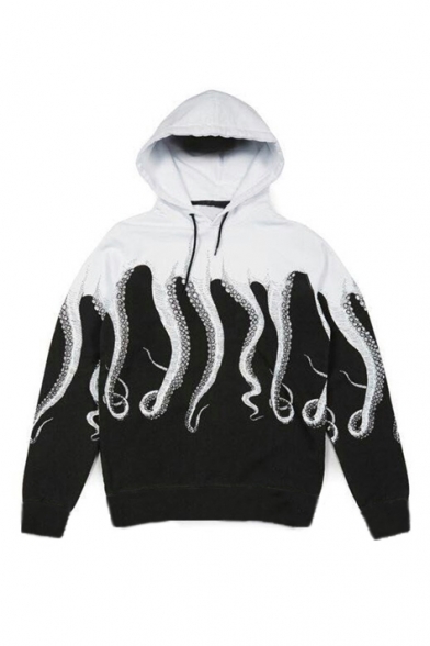 Color Block Octopus Printed Drawstring Hooded Long Sleeve Hoodie Sweatshirt