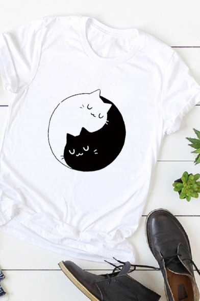 Cute Yin Yang Cats Kittens Short Sleeve Round Neck Plain T-Shirt