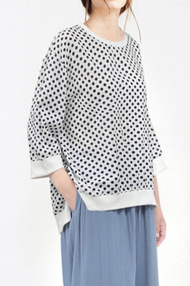 Fashion 3/4 Sleeve Polka Dot Printed Contrast Trim Side Split High Low Hem T-Shirt Top