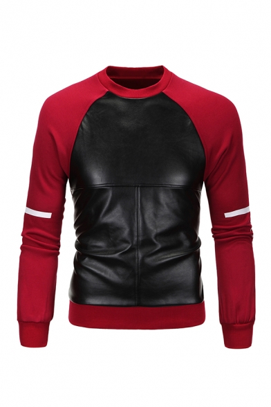 Fashion PU Leather Color Splicing Cross Pattern Long SLeeve Casual Pullover Sweatshirt