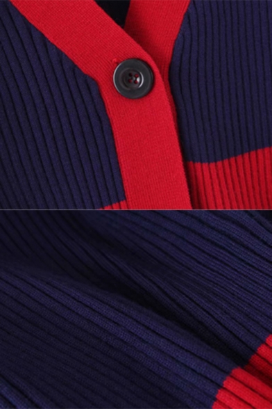 Fashionable Colorblocked V-Neck Single Button Long Sleeve Cropped Cardigan Coat