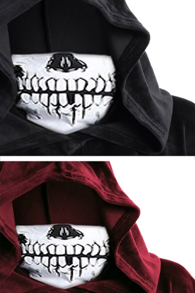 Halloween Theme Plain Skull Print High Collar Hooded Poncho Asymmetric Hem Hoodie