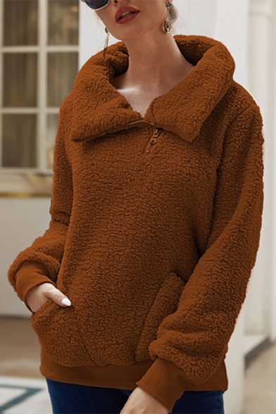 Hot Popular Plain Zipper Collared Leisure Fluffy Fleece Teddy Sweatshirt With Pockets