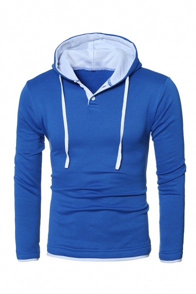 Men Fashion Contrast Trim Drawstring Hood Button Front Long Sleeve Pullover Hoodie