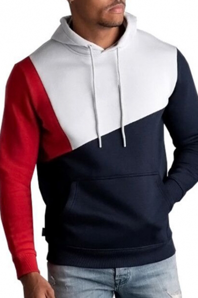Mens Casual Cut and Sew Color Block Panel Long Sleeve Drawstring Fitted Hoodie