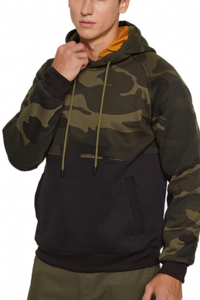 Mens New Fashion Camouflage Patched  Long Sleeve Casual Pullover Drawstring Hoodie