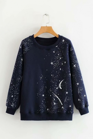 Navy Starry Sky Star Print Long Sleeve Round Neck Oversized Sweatshirt