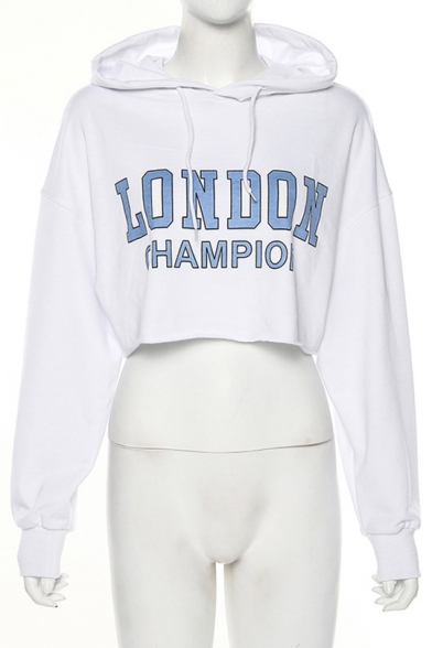 New Fashion LONDON Letter Printed Long Sleeve White Cropped Hoodie