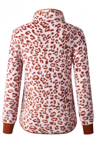 New Stylish Leopard Pattern Button Front Embellished Long Sleeve Fluffy Pullover Sweatshirt
