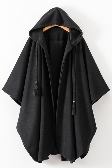 Open Front Drawstring Hood Black Plain Cloak Woolen Overcoat
