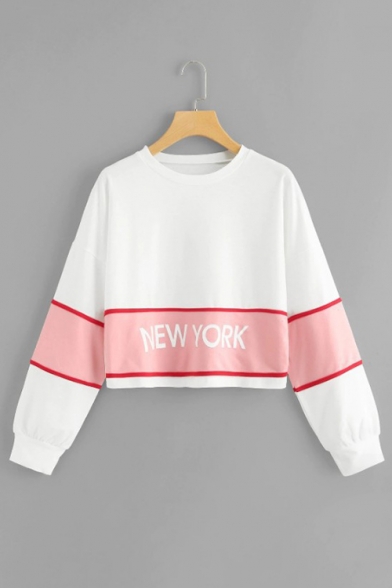 Simple Letter NEW YORK Contrast Panel Long Sleeve Hoody Sweatshirt for Women