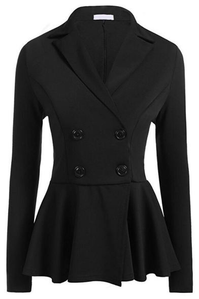 Solid Color Double-Breasted Notched Collar Ruffle Peplum Blazer Coat ...