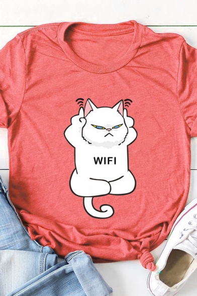Stylish WIFI Cat Print Round Neck Short Sleeve Loose T-Shirt for Girl