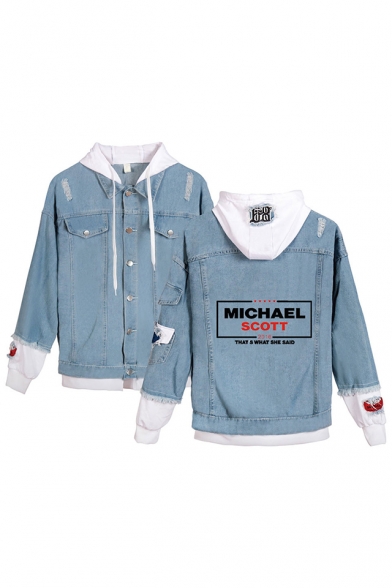 Trendy Letter Dunder Mifflin Print Patched Long Sleeve Hooded Button Down Ripped Denim Jacket