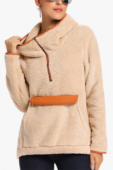 Womens Winter Warm Long Sleeve Pocket Faux Fur Teddy Half-Zip Hoodie