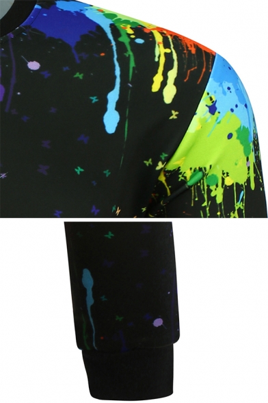 Colorful Splatter Painting Palm Printed Long Sleeve Black Pull Over Sweatshirt