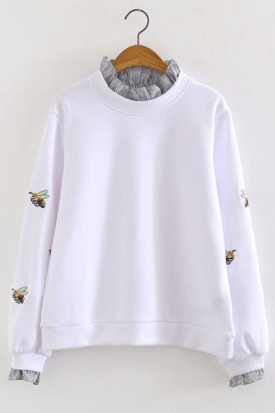 Cute Bee Embroidery Striped Stringy Selvedge Detail Long Sleeve Pullover Sweatshirt