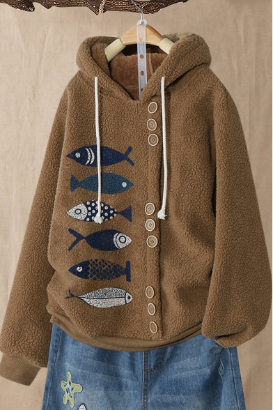 Hot Fashion Fish Printed Button Embellished Front Long Sleeve Winter Warm Fluffy Fleece Hoodie