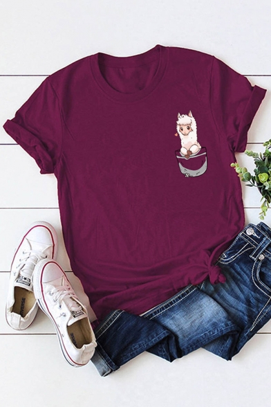Llama Animal Pattern Rolled Short Sleeve Cotton T-Shirt for Women