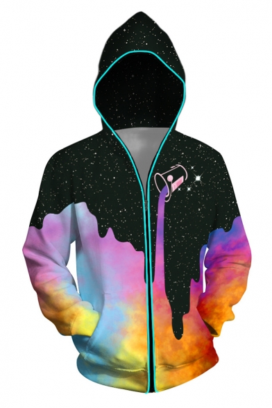 New Arrival Unisex 3D Colorful Galaxy Printed Long Sleeve Zipper Photoelectric with Switch Hoodie