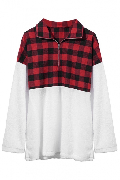New Trendy Half-Zip Stand Up Collar Plaid Print Color Block Pocket Long Sleeve Loose Fluffy Teddy Sweatshirt