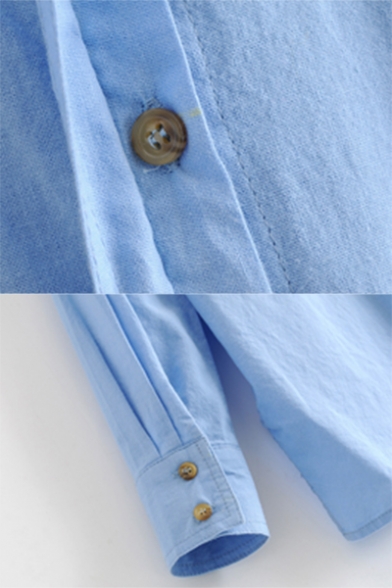 Simple Lapel Collar Single Breasted Asymmetric Hem Plain Linen Loose Shirt for Women