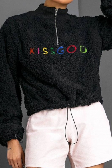 Stylish KISSGOD Letter Embroidered Half-Zip Stand Up Collar Long Sleeve Fluffy Teddy Crop Sweatshirt