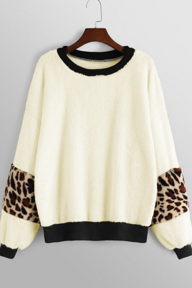 Stylish Round Neck Leopard Pattern Long Sleeves Loose Leisure Apricot Sweatshirt