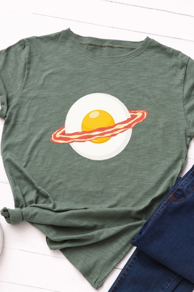 Summer Fashionable Egg and Bacon Cartoon Pattern Short Sleeve Casual Top T-Shirt