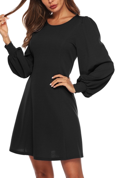 Women's Lantern Sleeve Round Neck Plain Casual Mini A-Line Dress
