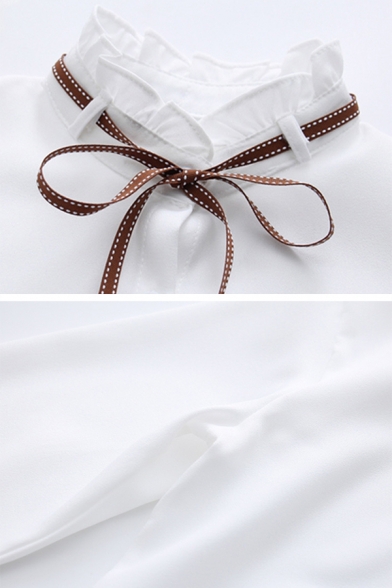 Womens Elegant Bow Tied Neck Single Breasted Long Sleeve Plain Oversized Shirt