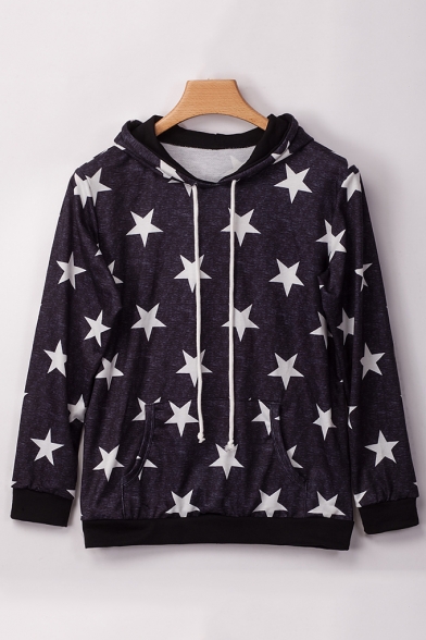 Womens Fashion Allover Star Pattern Long Sleeve Drawstring Pullover Hoodie with Pocket