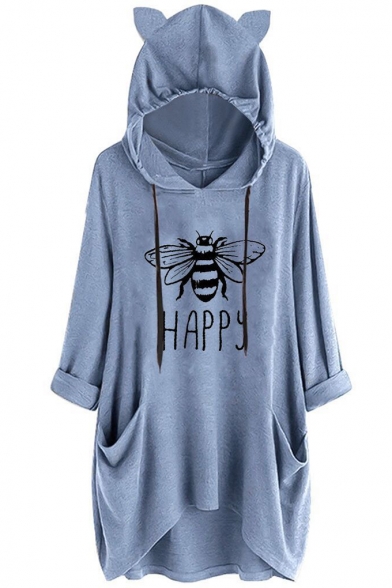 Bee HAPPY Letter Print Plain Longline Cat Graphic Hooded Sweatshirt with Pocket