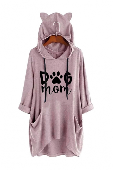 Cute Ear Hood Design Long Sleeve DOG MOM Letter Claw Print Longline Drawstring Hoodie