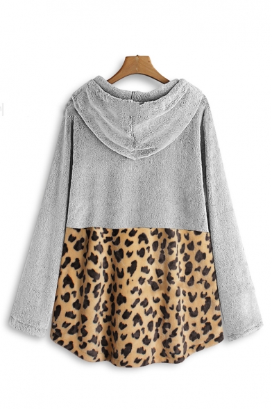 Fashionable Long Sleeve Color Block Leopard Printed Loose Leisure Warm Fluffy Longline Hoodie