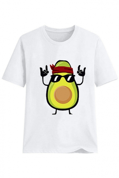 Funny Cartoon Avocado Printed Short Sleeve Round Neck Plain T-Shirt