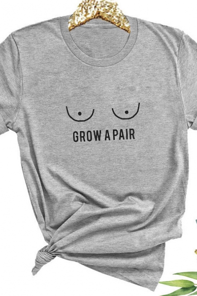 GROW A PAIR Letter Eyes Printed Rolled Short Sleeve Plain Unisex T Shirt