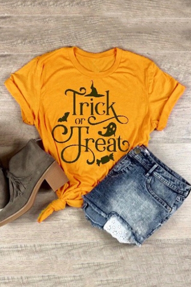 Halloween Trendy TRICK OR TREA T Letter Printed Rolled Short Sleeve Yellow Tee Top
