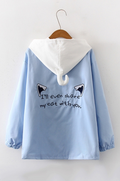 Letter I'LL EVEN SHARE MY CAT WITH YOU Printed Back Cat Claw Pocket Zipper Jacket Coat