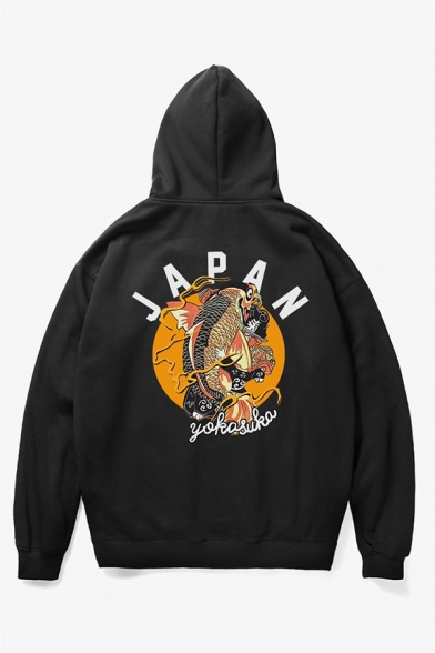 Letter JAPAN Carp Printed Back Long Sleeve Oversized Pullover Hoodie