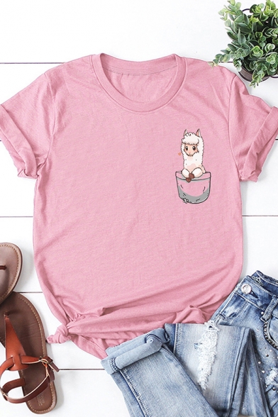 Llama Animal Pattern Rolled Short Sleeve Cotton T-Shirt for Women