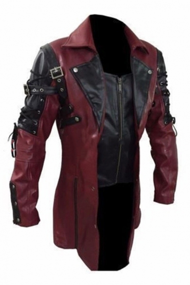 Mens Fashion Colorblocked Lace Up Side Long Sleeve Zipper PU Leather Biker Jacket