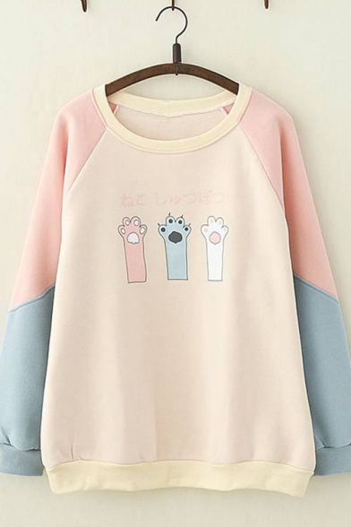 Sweet Style Contrast Long Sleeve Cat Claw Print Loose Pullover Sweatshirt for Girls